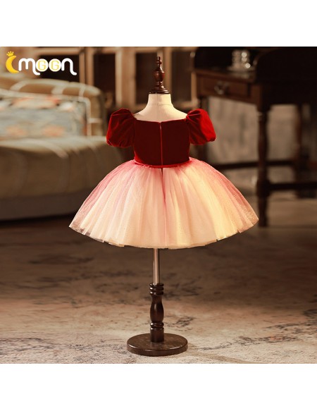 Burgundy Velvet And Tulle Girls Party Dress with Sash