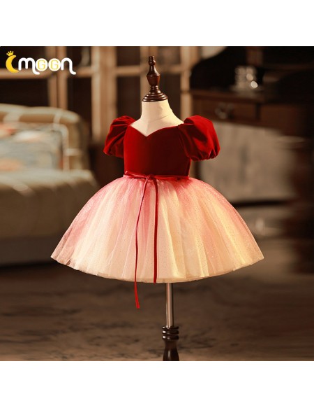 Burgundy Velvet And Tulle Girls Party Dress with Sash