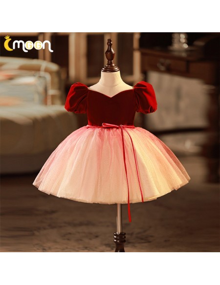 Burgundy Velvet And Tulle Girls Party Dress with Sash