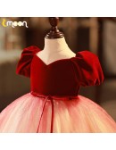 Burgundy Velvet And Tulle Girls Party Dress with Sash