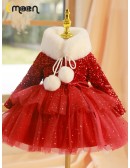 Bling Sequins Long Sleeved Girls Christmas Party Dress with Sleeves