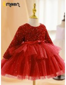 Bling Sequins Long Sleeved Girls Christmas Party Dress with Sleeves