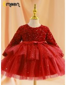 Bling Sequins Long Sleeved Girls Christmas Party Dress with Sleeves