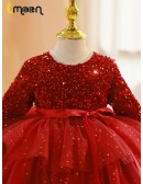 Bling Sequins Long Sleeved Girls Christmas Party Dress with Sleeves