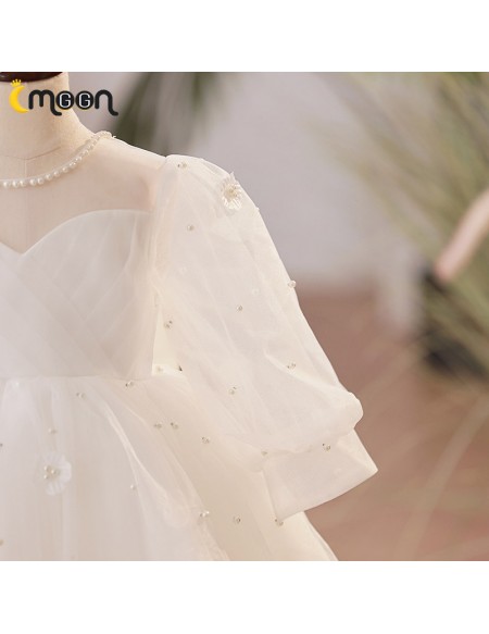 Elegant White Tulle Long Sleeved Flower Girl Dress with Pearls