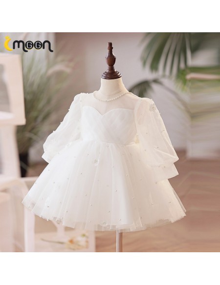 Elegant White Tulle Long Sleeved Flower Girl Dress with Pearls