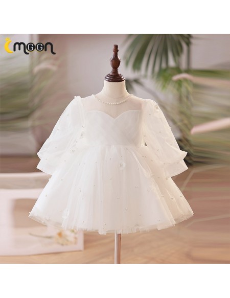 Elegant White Tulle Long Sleeved Flower Girl Dress with Pearls
