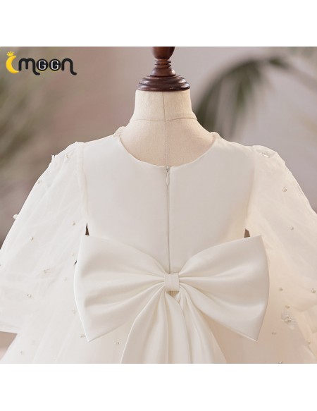 Elegant White Tulle Long Sleeved Flower Girl Dress with Pearls
