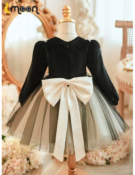 Black Long Sleeved Girls Tulle Party Dress for Winter