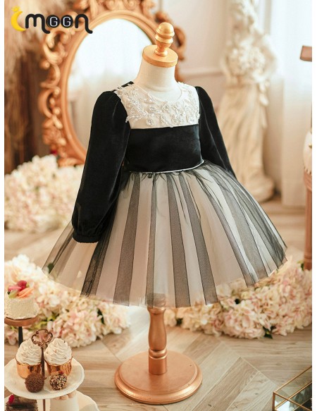Black Long Sleeved Girls Tulle Party Dress for Winter