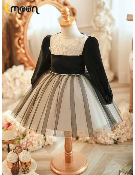 Black Long Sleeved Girls Tulle Party Dress for Winter