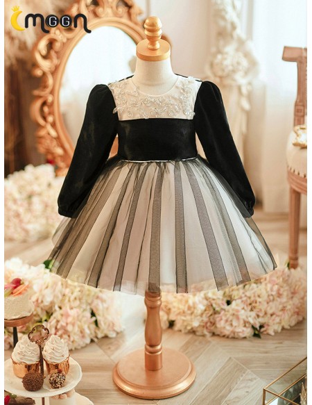 Black Long Sleeved Girls Tulle Party Dress for Winter