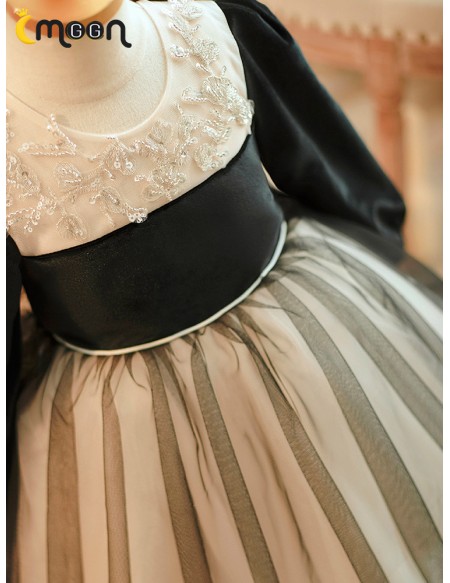 Black Long Sleeved Girls Tulle Party Dress for Winter