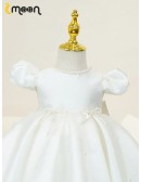 Lovely Pearls Bow Knots Ballgown Satin Flower Girl Dress with Bubble Sleeves