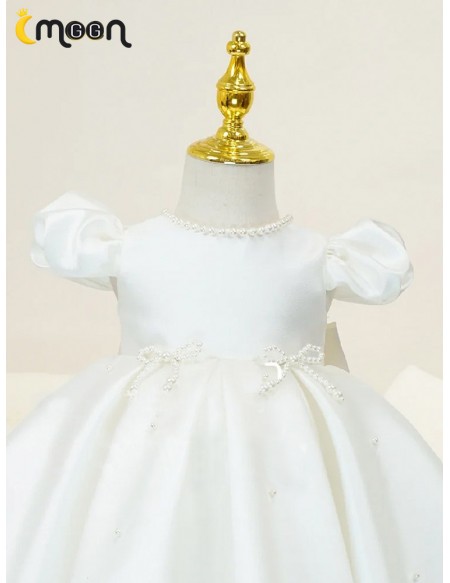 Lovely Pearls Bow Knots Ballgown Satin Flower Girl Dress with Bubble Sleeves