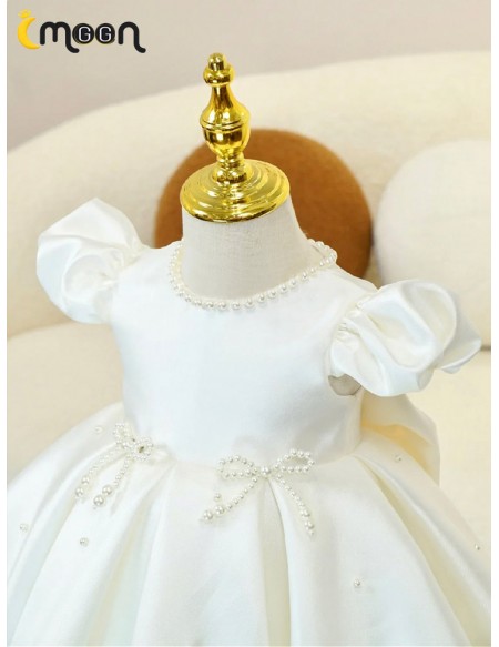 Lovely Pearls Bow Knots Ballgown Satin Flower Girl Dress with Bubble Sleeves