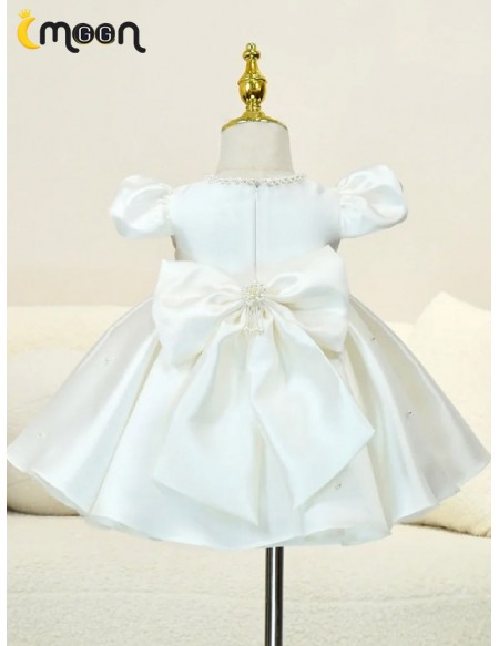 Lovely Pearls Bow Knots Ballgown Satin Flower Girl Dress with Bubble Sleeves