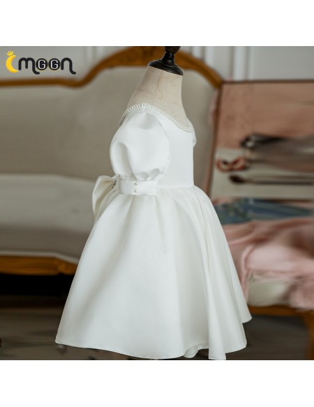 Vintage Style Satin Flower Girl Dress Beaded Neckline with Sleeves