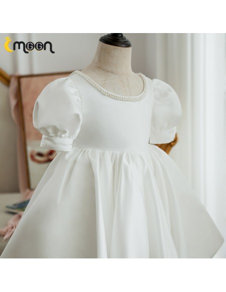 Vintage Style Satin Flower Girl Dress Beaded Neckline with Sleeves