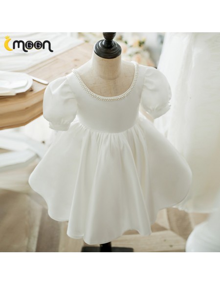 Vintage Style Satin Flower Girl Dress Beaded Neckline with Sleeves