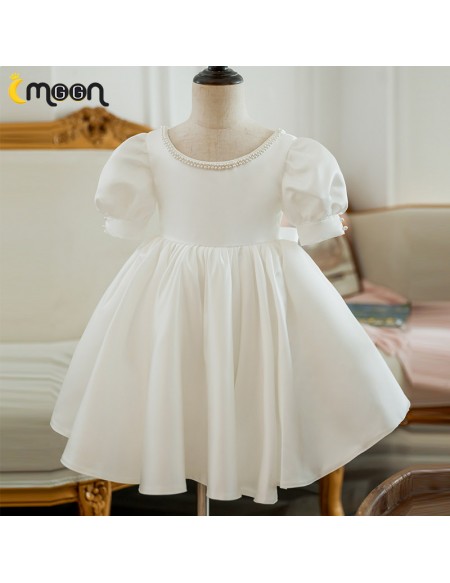 Vintage Style Satin Flower Girl Dress Beaded Neckline with Sleeves