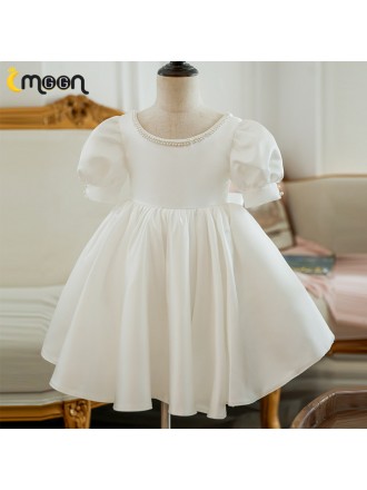 Vintage Style Satin Flower Girl Dress Beaded Neckline with Sleeves