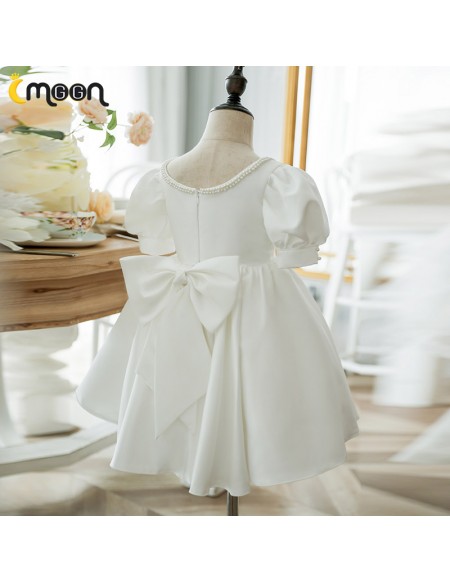 Vintage Style Satin Flower Girl Dress Beaded Neckline with Sleeves