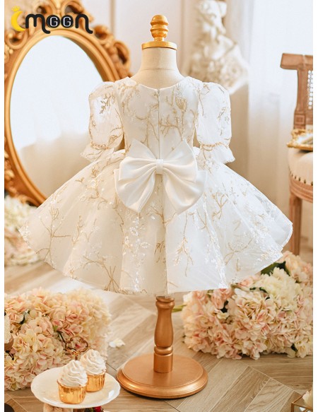 White with Sequined Embroidery Toddler Flower Girl Dress with Sleeves