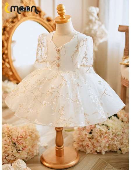 White with Sequined Embroidery Toddler Flower Girl Dress with Sleeves