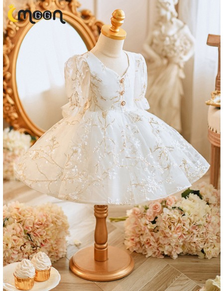 White with Sequined Embroidery Toddler Flower Girl Dress with Sleeves
