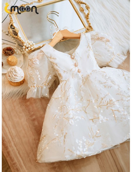 White with Sequined Embroidery Toddler Flower Girl Dress with Sleeves