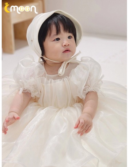 Light Champagne Organza Toddler Flower Girl Dress with Bubble Sleeves