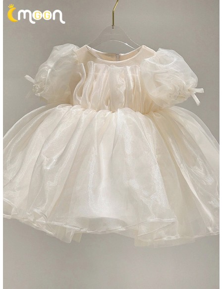 Light Champagne Organza Toddler Flower Girl Dress with Bubble Sleeves