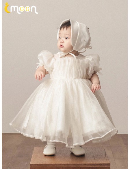 Light Champagne Organza Toddler Flower Girl Dress with Bubble Sleeves