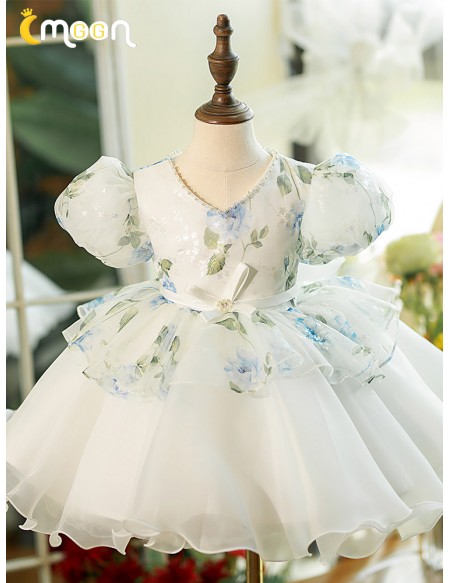 Ruffled Ballgown Organza Flower Girl Dress with Floral Prints