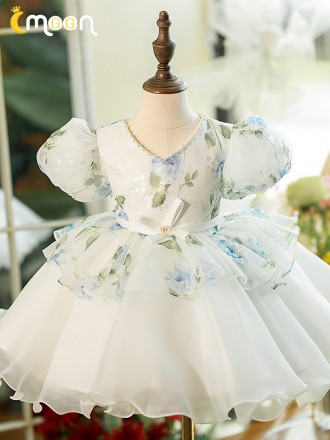 Ruffled Ballgown Organza Flower Girl Dress with Floral Prints