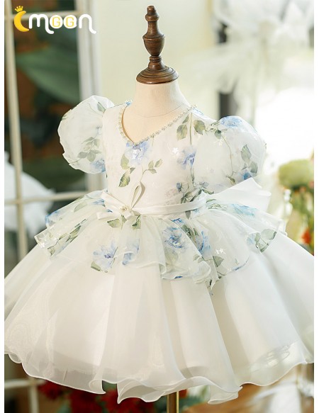 Ruffled Ballgown Organza Flower Girl Dress with Floral Prints