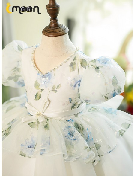 Ruffled Ballgown Organza Flower Girl Dress with Floral Prints