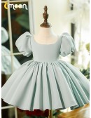 Simple Grey Blue Ruffled Flower Girl Dress with Bubble Sleeves