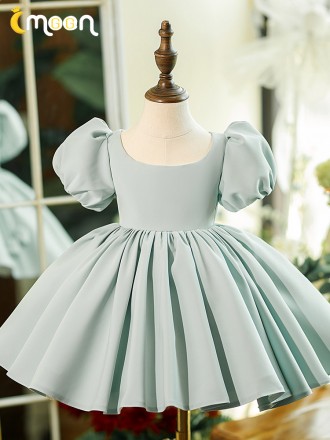 Simple Grey Blue Ruffled Flower Girl Dress with Bubble Sleeves