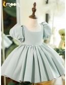 Simple Grey Blue Ruffled Flower Girl Dress with Bubble Sleeves