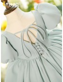 Simple Grey Blue Ruffled Flower Girl Dress with Bubble Sleeves