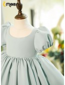 Simple Grey Blue Ruffled Flower Girl Dress with Bubble Sleeves