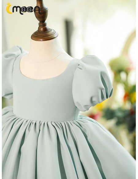 Simple Grey Blue Ruffled Flower Girl Dress with Bubble Sleeves
