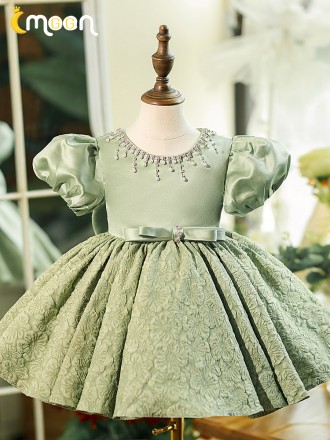 Princess Green Flower Pattern Flower Girl Dress with Bubble Sleeves
