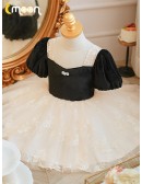 Black And White Tulle Lace Girls Party Dress with Sleeves