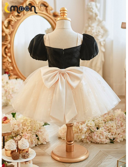 Black And White Tulle Lace Girls Party Dress with Sleeves