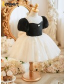 Black And White Tulle Lace Girls Party Dress with Sleeves