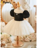 Black And White Tulle Lace Girls Party Dress with Sleeves