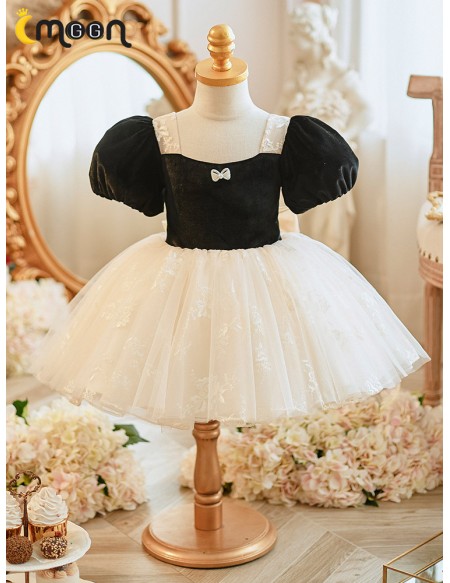 Black And White Tulle Lace Girls Party Dress with Sleeves